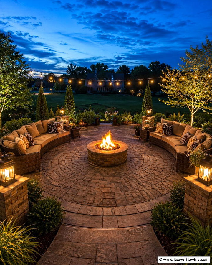 Circular Stamped Concrete Patio with Central Fire Pit - 20 Stamped Concrete Patio With Fire Pit Ideas