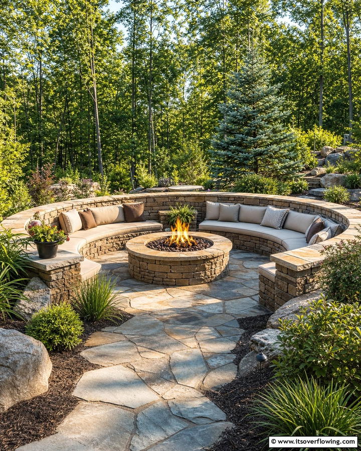 Circular Stone Fire Pit with Built In Seating - 25 Backyard Fire Pit Ideas for Cozy Landscaping