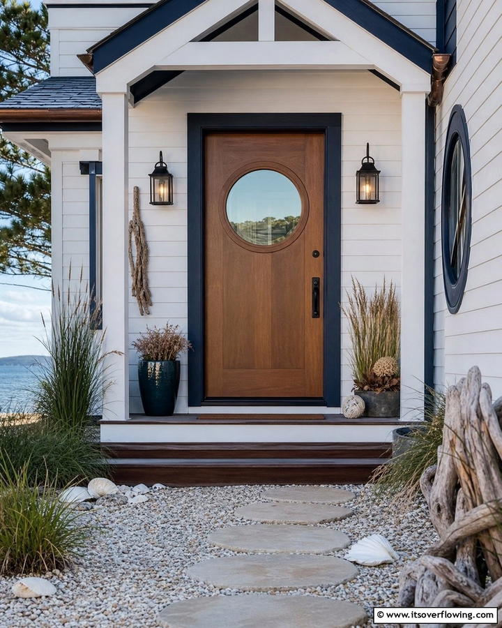 Circular Window Detail - 25 Stylish Brown Front Door Ideas for Your Home
