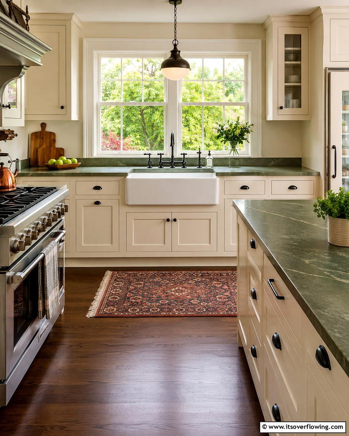 Classic Appeal with Olive Green Soapstone - 25 Kitchen With Green Countertops Ideas for Freshness