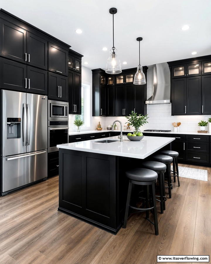 Classic Black Cabinets With Bright White Quartz Countertops - 20 Black Kitchen Cabinets With White Countertops Ideas