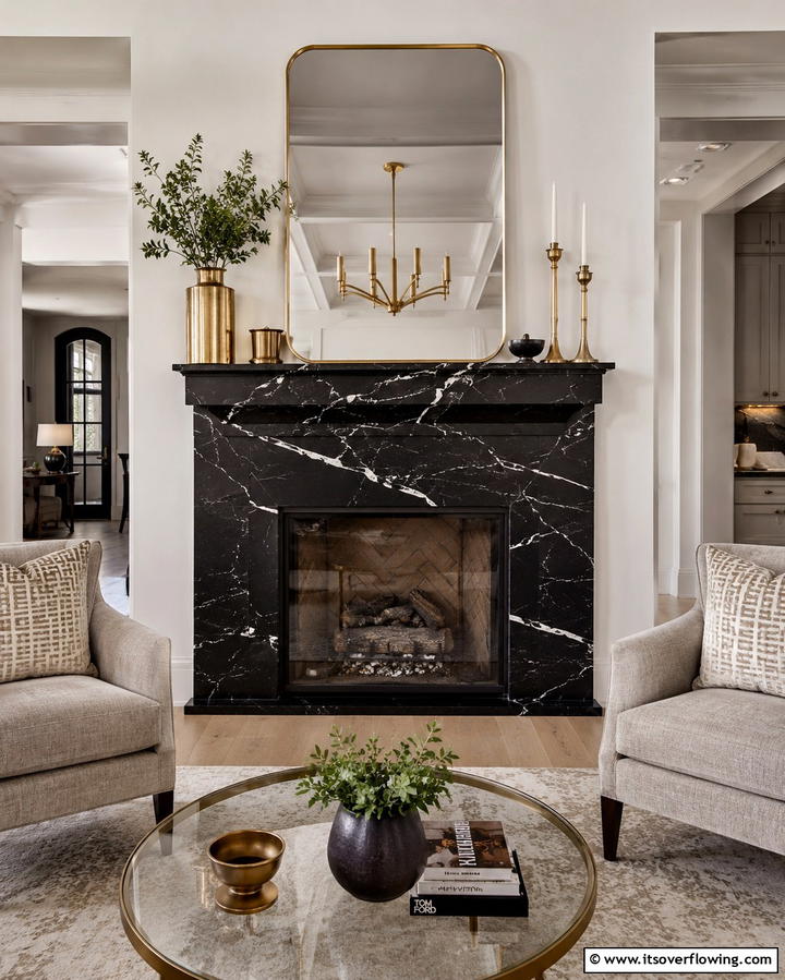 Classic Black Marble Elegance - 30 Bold Black Fireplace Ideas to Elevate Your Living Room