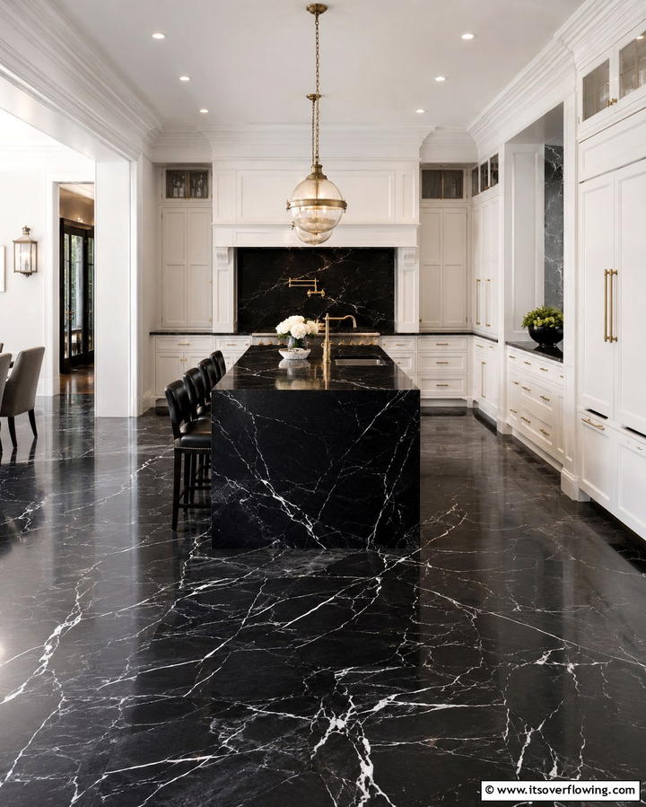 Classic Black Marble Fusion - 30 Sleek Black Floor Kitchen Ideas for Contemporary Designs