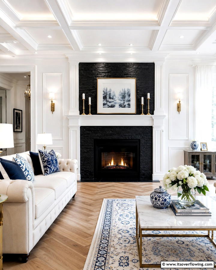 Classic Black Stone and White Trim - 25 Elegant Black Stone Fireplace Ideas