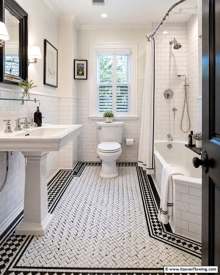 Classic Black and White Contrast - 25 Bathroom Mosaic Floor Tile Ideas for Unique Style