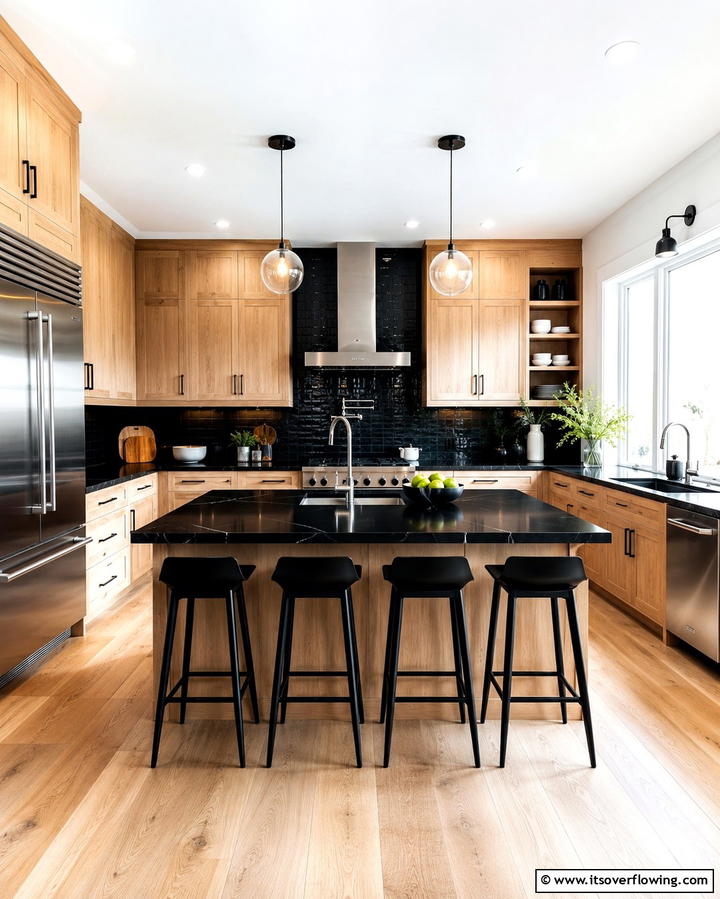 Classic Black and White Contrast - 30 White Oak Cabinet Kitchen Ideas for Timeless Style