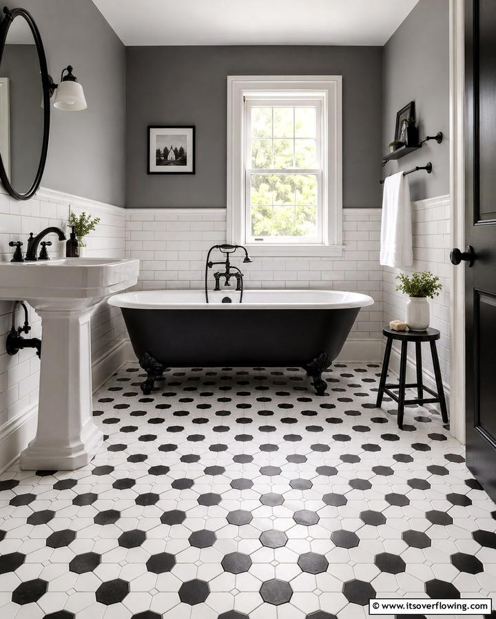 Classic Black and White Hexagon Tiles - 30 Bathrooms with Hexagon Tile Floor Design Ideas