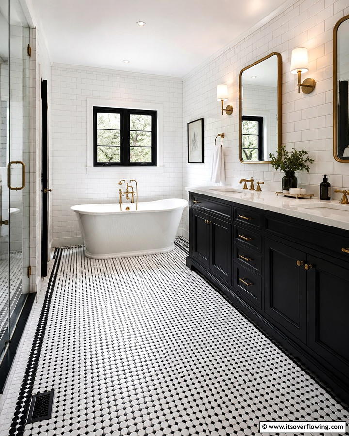 Classic Black and White Penny Tile Pattern - 25 Penny Tile Bathroom Floor Ideas for a Unique Look