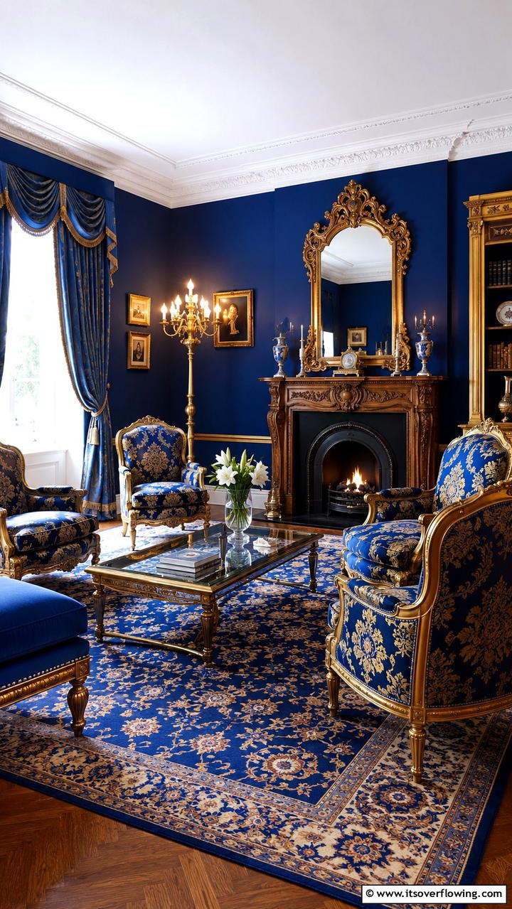 Classic Blue Hues with Gold Elegance - 30 Stunning Blue and Gold Living Room Ideas for Elegant Spaces