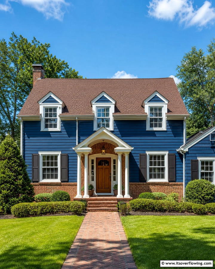 Classic Blue and Brown Roof with Brick Accents - 25 Stunning Blue Exterior Home with Brown Roof Ideas