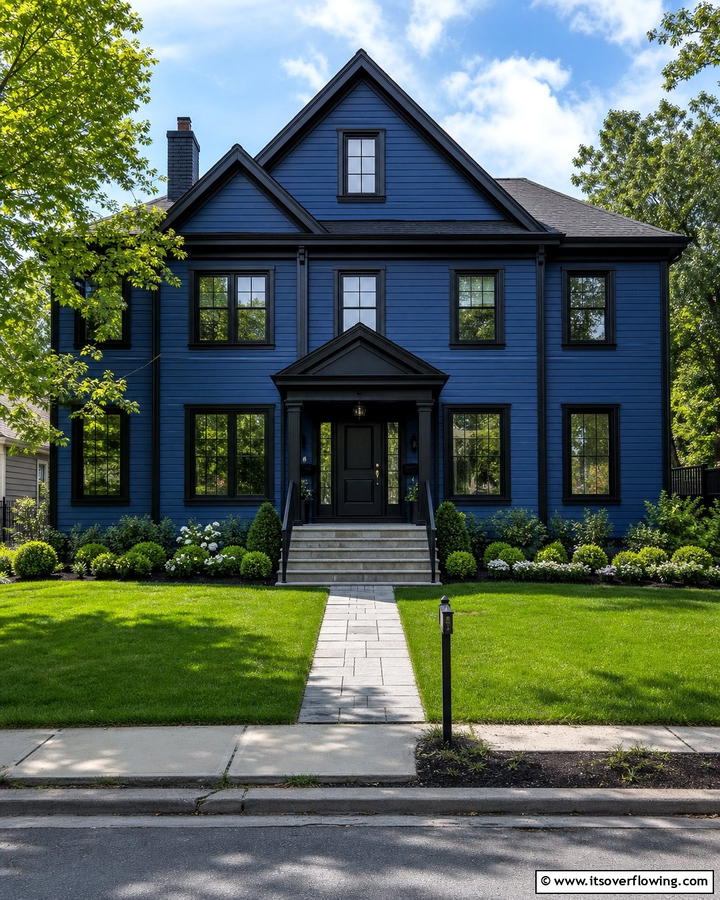 Classic Blue with Bold Black Accents - 25 Blue House With Black Trim Ideas for a Striking Exterior