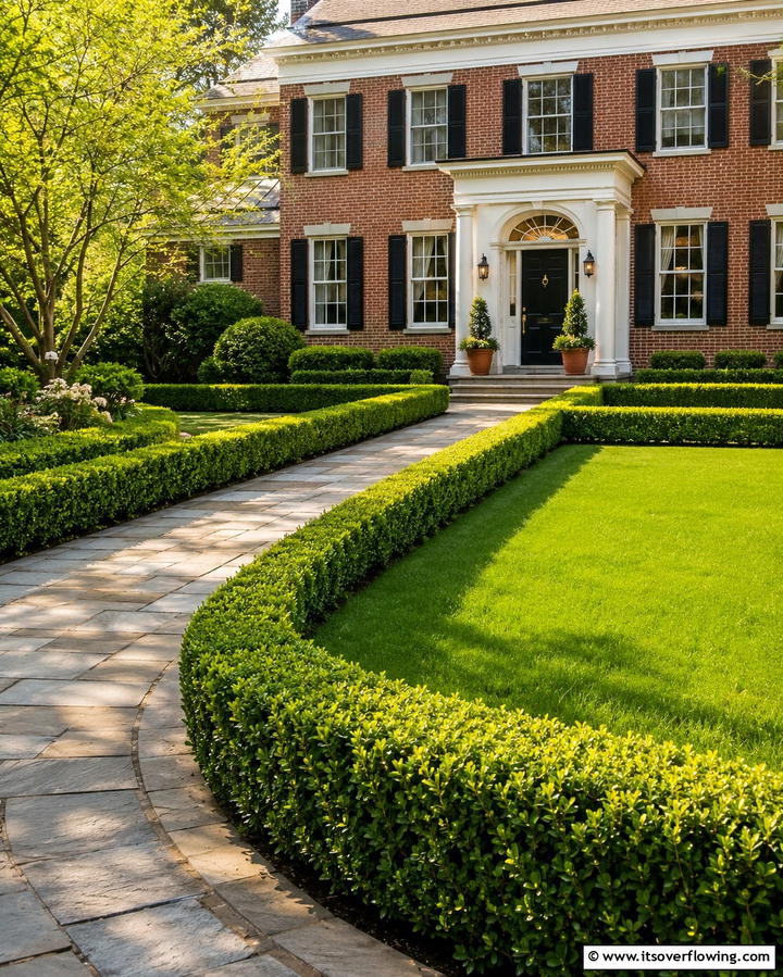 Classic Boxwood Hedge Borders - 25 Elegant Front Yard Boxwood Design Ideas