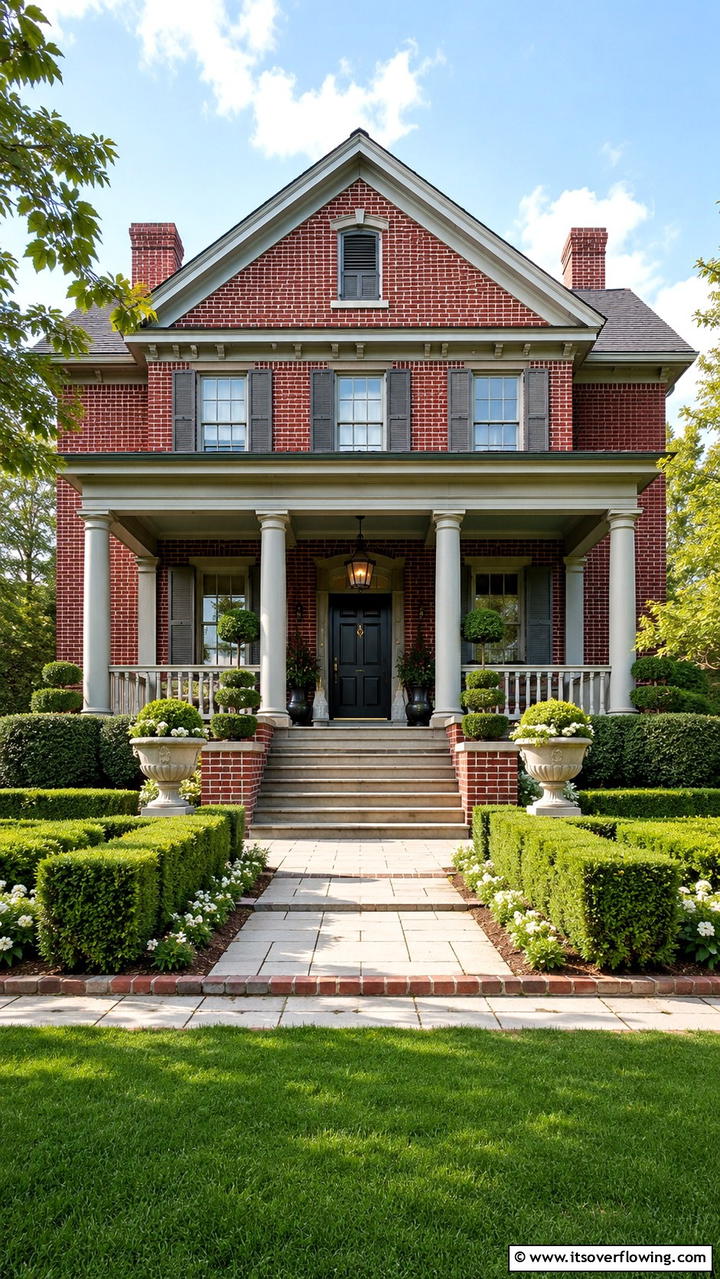 Classic Brick Burgundy with Soft Gray Finishes - 30 Exterior Brick and Paint Color Combinations