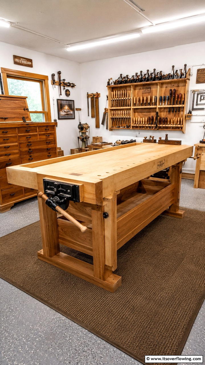 Classic Carpenter Workbench with Bench Vise - 30 Garage Workbench Ideas for Organized DIY Spaces