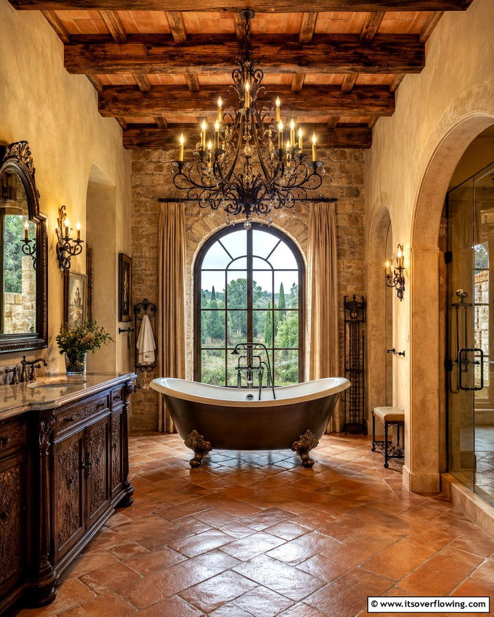 Classic Chandelier - 20 Tuscan Bathroom Ideas for a Rustic Retreat