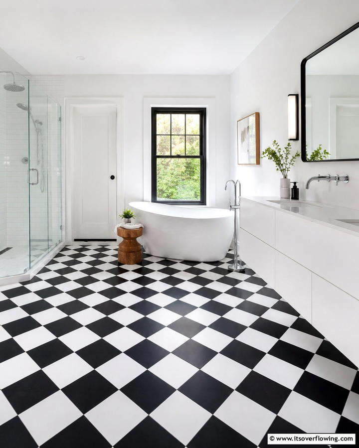 Classic Checkerboard Floor - 30 Striking Black & White Bathroom Tile Designs for Timeless Style