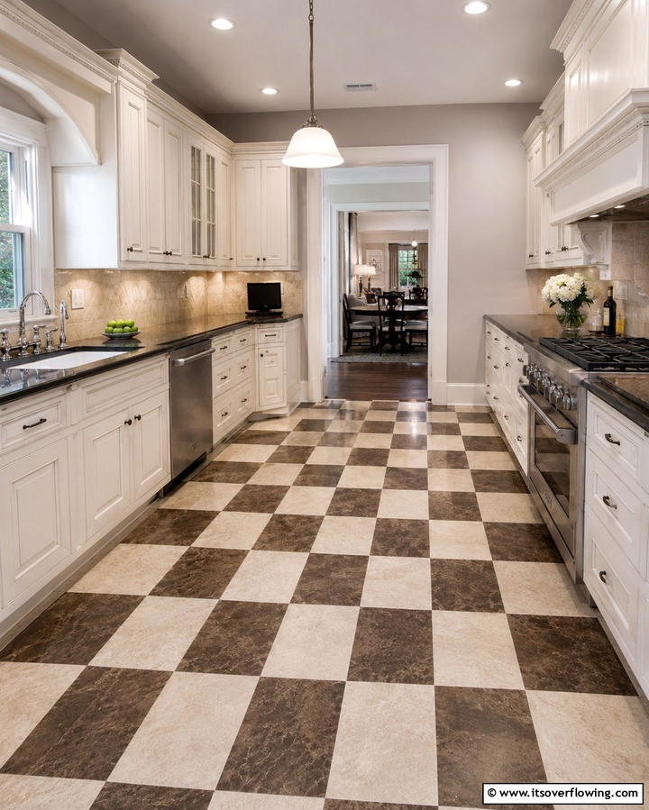Classic Checkerboard Pattern - 25 Travertine Floor Kitchen Ideas for Elegance
