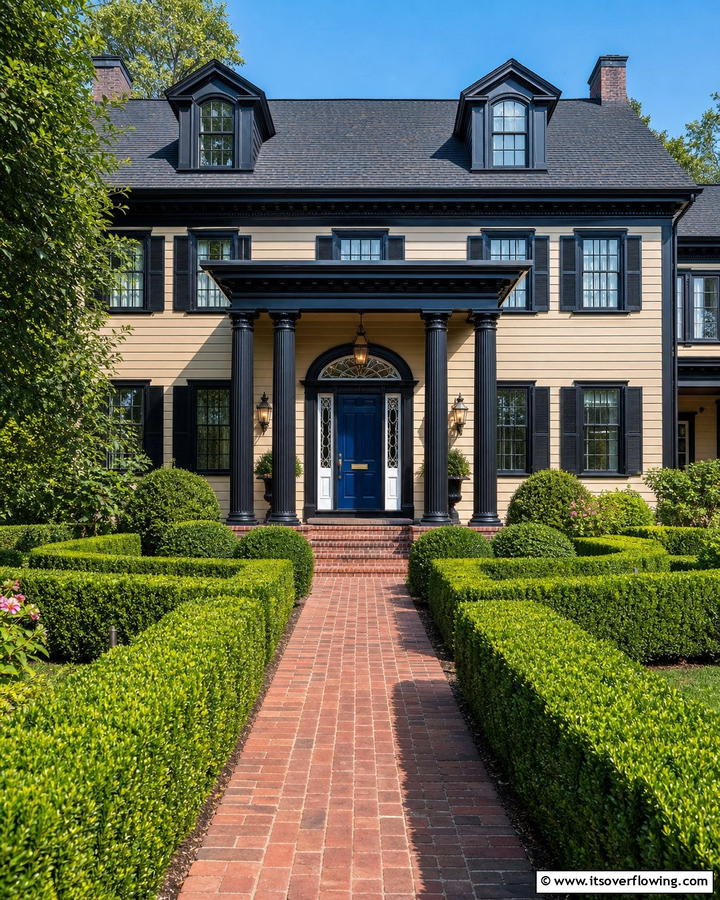 Classic Colonial Style - 25 Tan House With Black Trim Design Ideas for Elegance