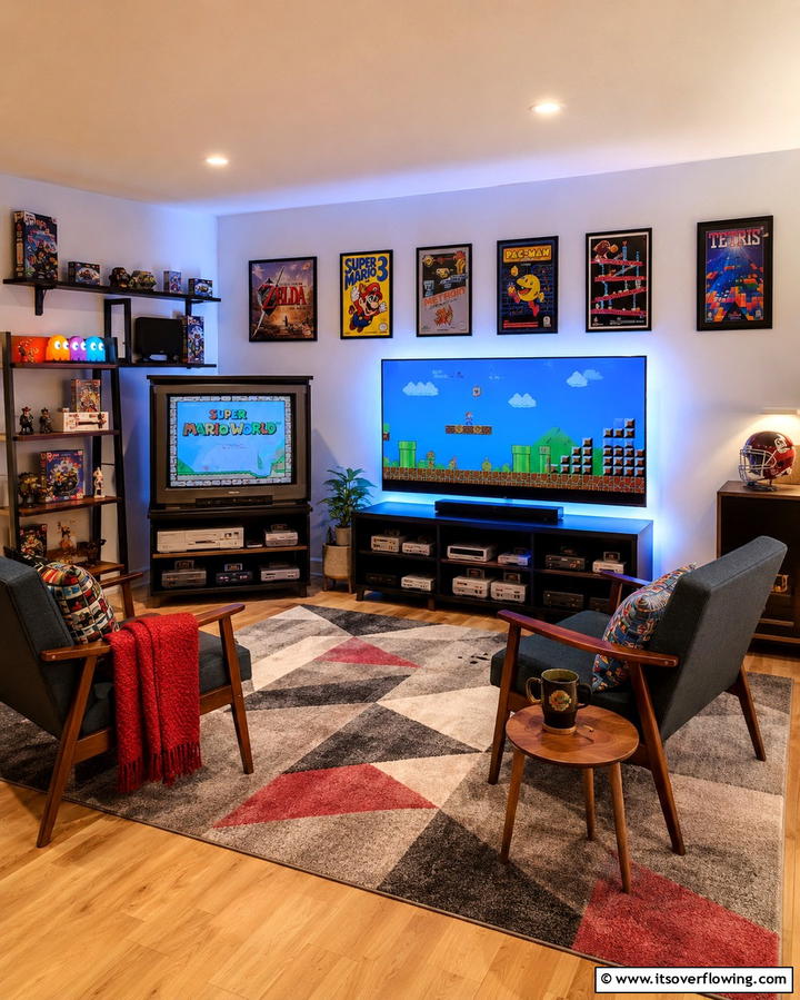 Classic Console Lounge - 30 Fun Basement Game Room Ideas for Family Entertainment