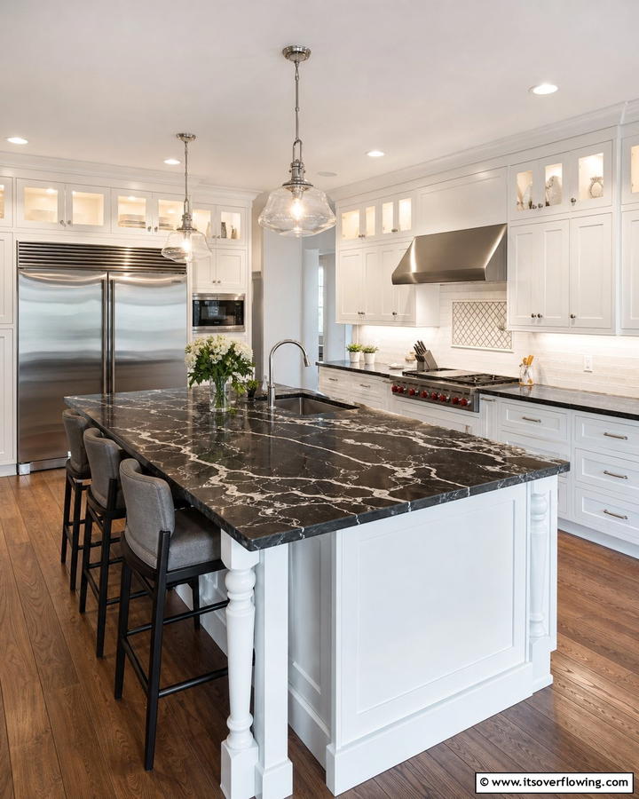 Classic Contrast with Marble Countertops - 20 Kitchen Ideas with Dark Countertops and Light Cabinets