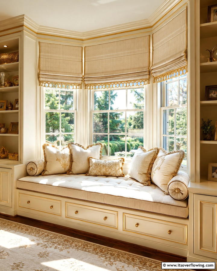 Classic Cream and Gold Window Seats - 30 Elegant Cream & Gold Living Room Themes for Luxe Interiors