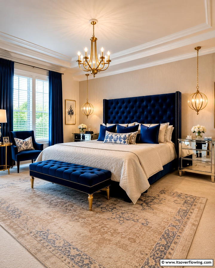 Classic Elegance with Blue Upholstery - 25 Blue and Beige Bedroom Ideas for a Calming Space