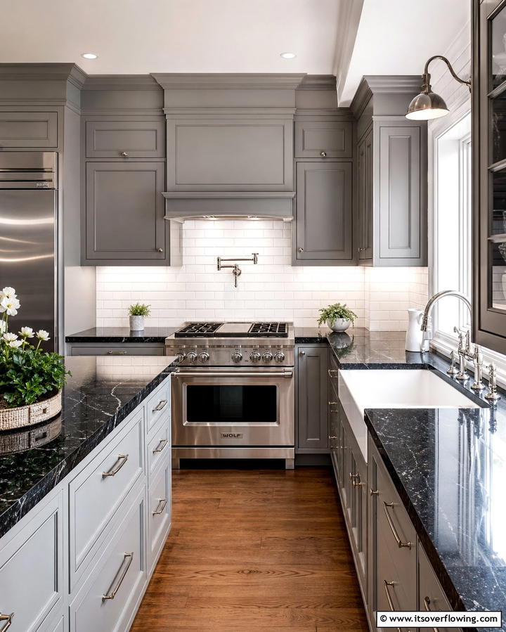 Classic Elegance with Subway Tile Backsplash - 25 Kitchen Ideas with Gray Cabinets and Black Countertops
