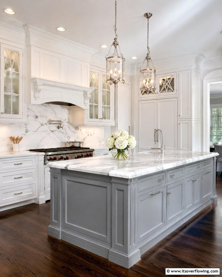 Classic Elegance with White Cabinets and a Marble Topped Grey Island - 25 White Kitchen Cabinets with Grey Island Ideas