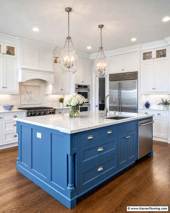 Classic Elegance with White Shaker Cabinets and Blue Island - 25 White Kitchen Cabinets With Blue Island Ideas
