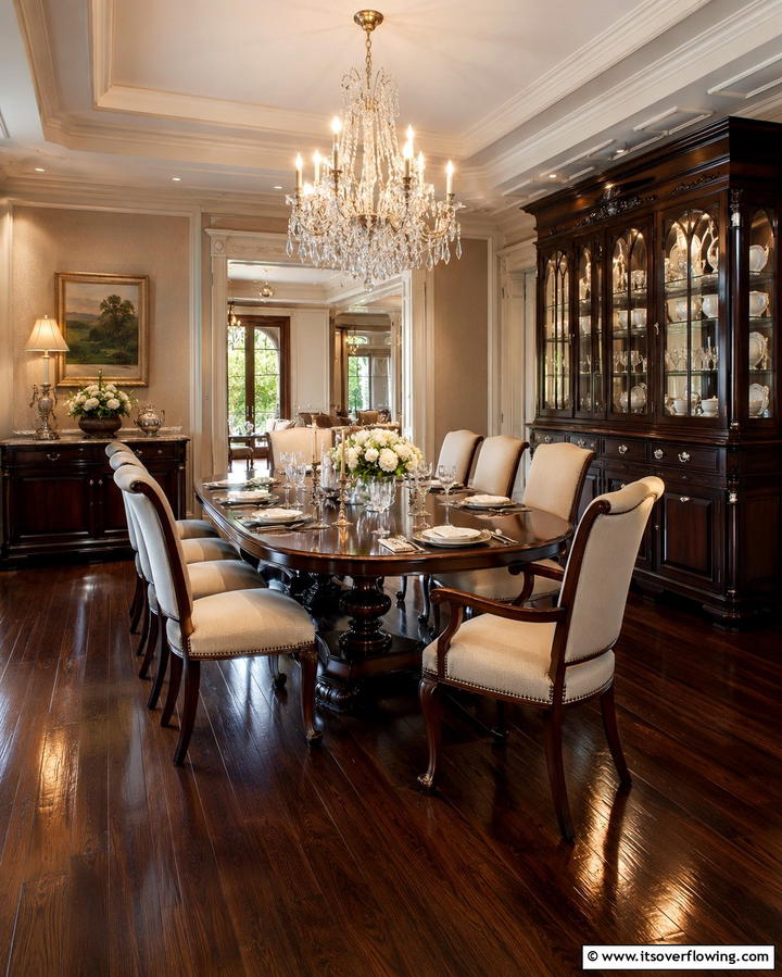 Classic Elegance with a Crystal Chandelier - 25 Dark Wood Floor Dining Room Ideas for a Classic Look