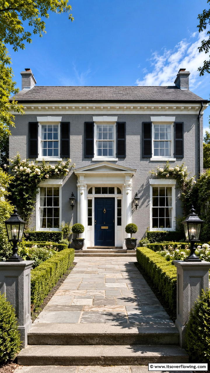 Classic Elegance with a Twist - 30 Grey House With Blue Door Ideas- Charming Curb Appeal