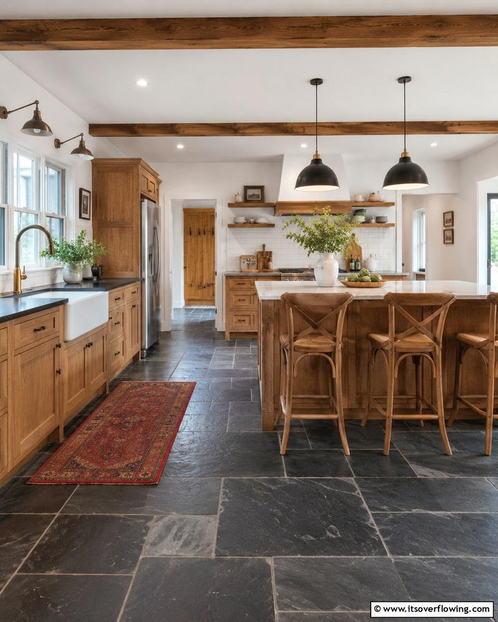 Classic Farmhouse Look with Slate and Wood - 25 Kitchens With Slate Floors for a Durable and Stylish Look