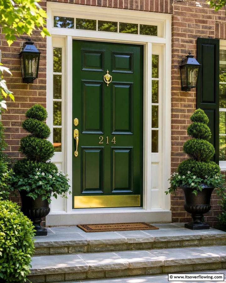 Classic Forest Green Door with Brass Accents - 20 Stunning Dark Green Front Door Ideas for Curb Appeal