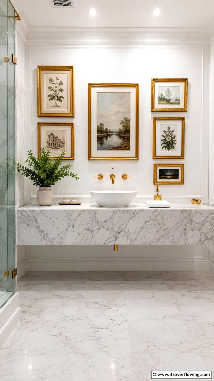 Classic Gold Framed Artwork - 30 Gold Bathroom Ideas for Luxurious, Modern Spaces