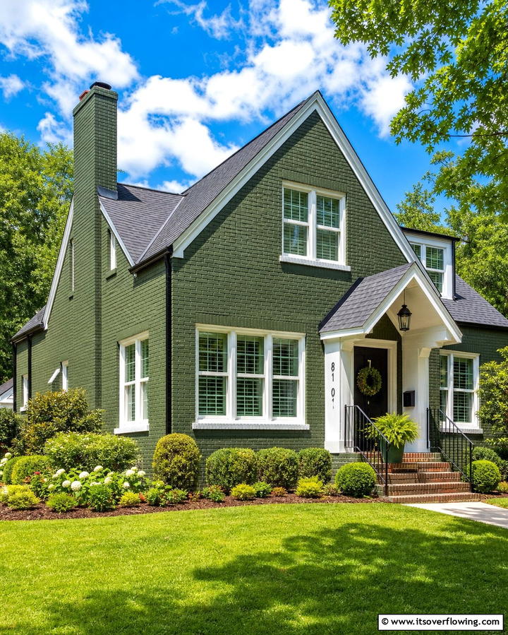 Classic Green Brick with White Trim - 30 Green Brick Exterior Home Design Ideas for Modern Houses
