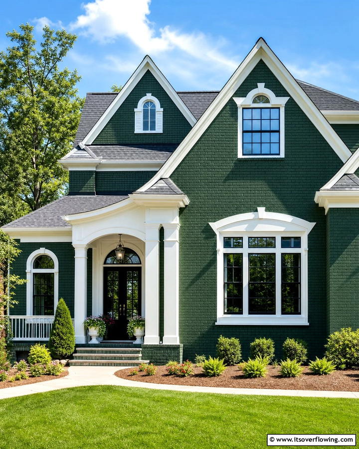Classic Green with White Trim - 30 Green Brick Exterior Home Design Ideas for Modern Houses