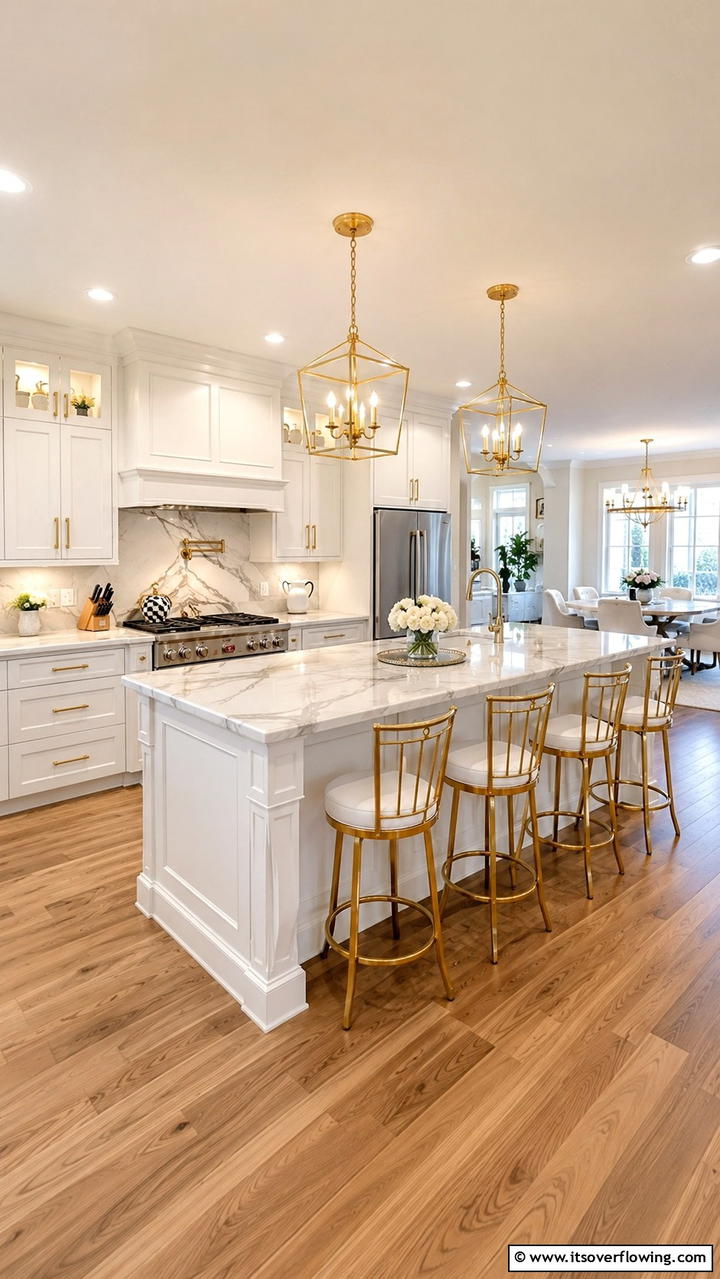 Classic Kitchen Vibes with Gold Bar Stools - 21 White and Gold Kitchen Ideas for Timeless Elegance