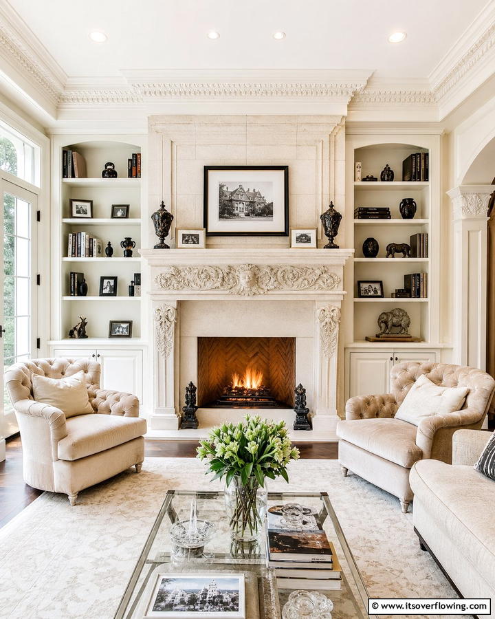 Classic Mantel Elegance - 21 Rustic Stone Fireplace Designs for Cozy Living Rooms