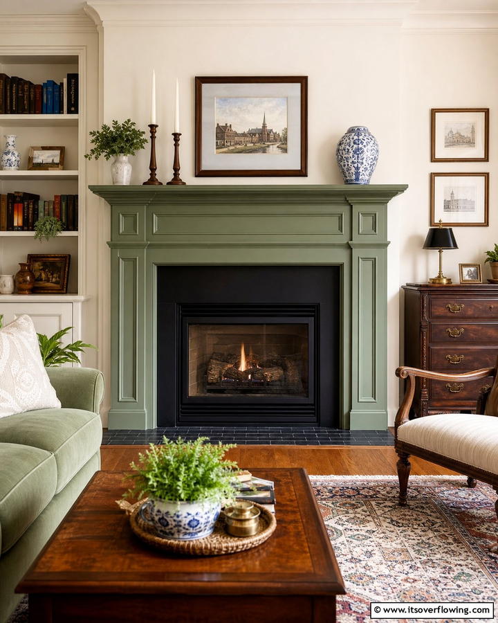 Classic Mantel with Sage Green Finish - 20 Sage Green Fireplace Ideas for a Calm Ambiance