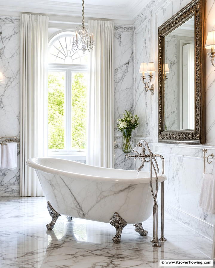 Classic Marble Clawfoot Tub - 30 Luxurious Marble Bathroom Ideas for a Spa-Like Retreat