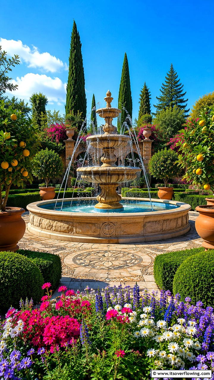 Classic Mediterranean Fountain - 30 Greek Garden Ideas- Mediterranean-Inspired Landscaping