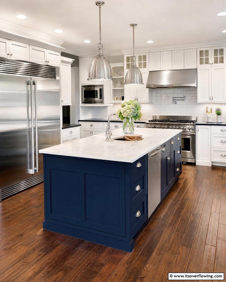 Classic Navy Blue Island with White Countertops - 25 Blue Kitchen Island Ideas for a Fresh Look