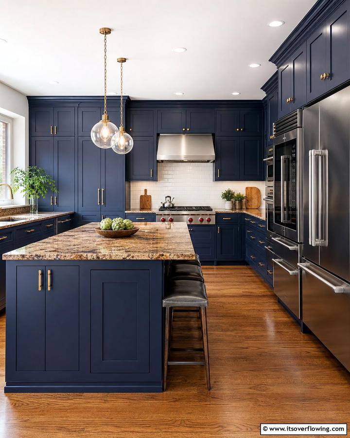 Classic Navy Cabinets with Earthy Brown Granite - 20 Blue Kitchen Cabinets With Brown Granite Countertops