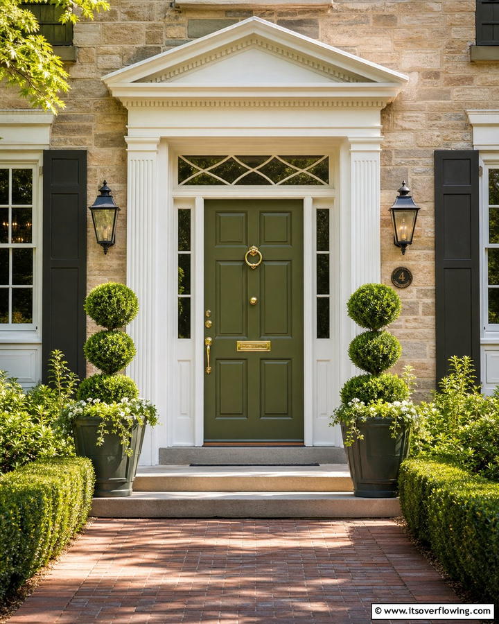 Classic Olive Green with Brass Accents - 20 Olive Green Front Door Ideas for a Bold Statement
