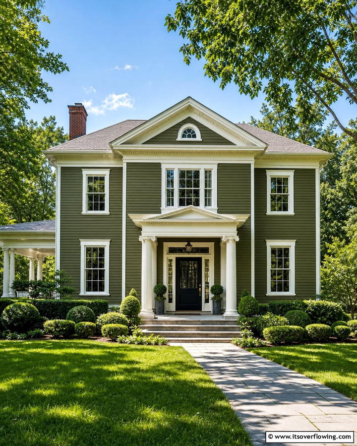 Classic Olive Green with White Trim - 25 Olive Green House Exterior Ideas for a Fresh and Natural Look