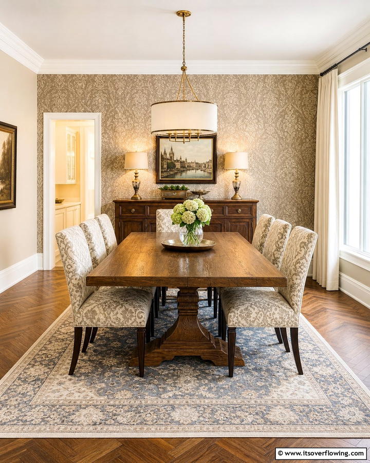 Classic Pattern Integration - 30 Transitional Dining Room Ideas Blending Modern and Classic