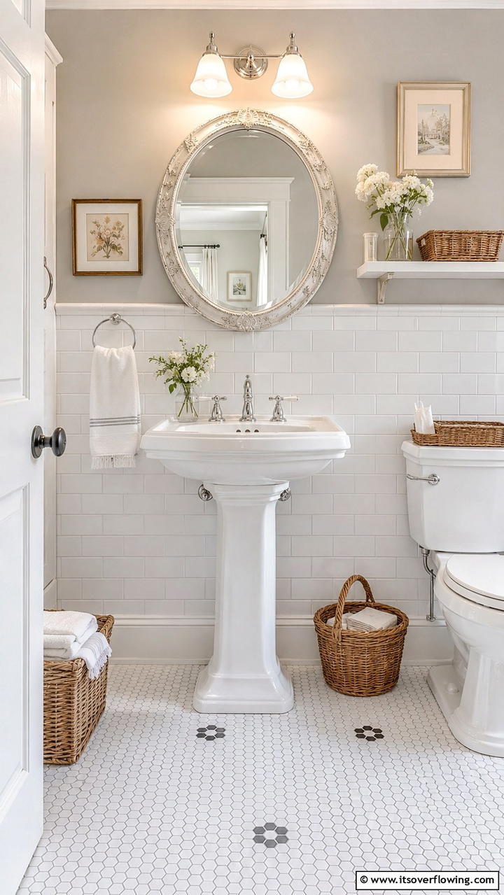 Classic Pedestal Sinks - 30 Cottage Bathroom Ideas for a Charming Relaxing Retreat