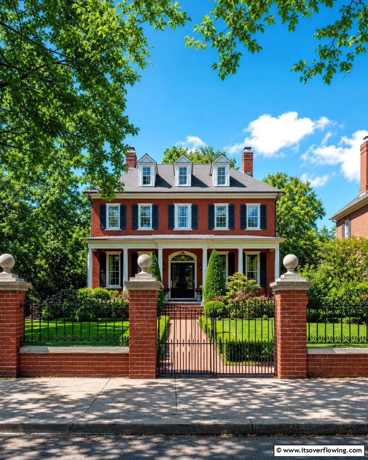Classic Red Brick Fence with Wrought Iron Accents - 20 Front Yard Brick Fence Ideas for a Classic Look