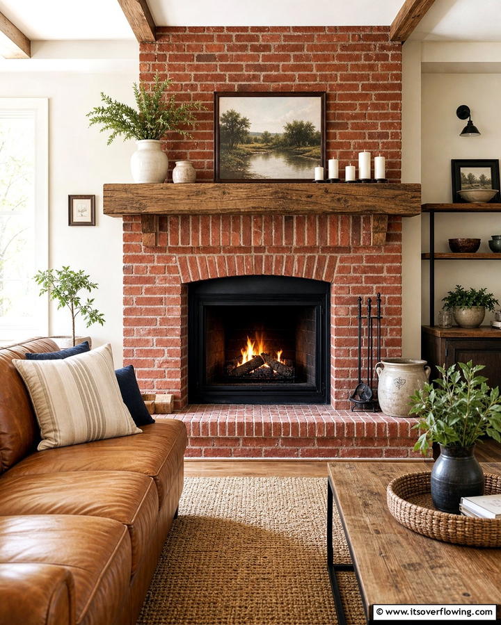 Classic Red Brick Fireplace with Wooden Mantel - 25 Rustic Living Room Ideas with a Brick Fireplace