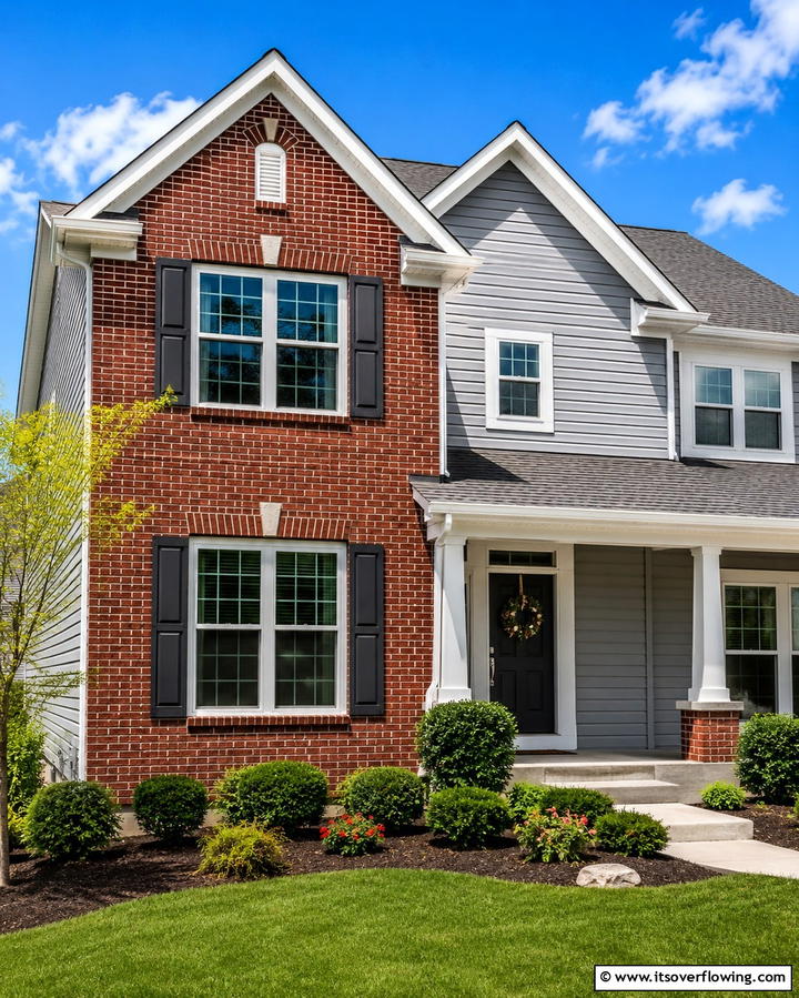 Classic Red Brick with Gray Vinyl Siding - 25 Vinyl Siding and Brick Combinations for Curb Appeal